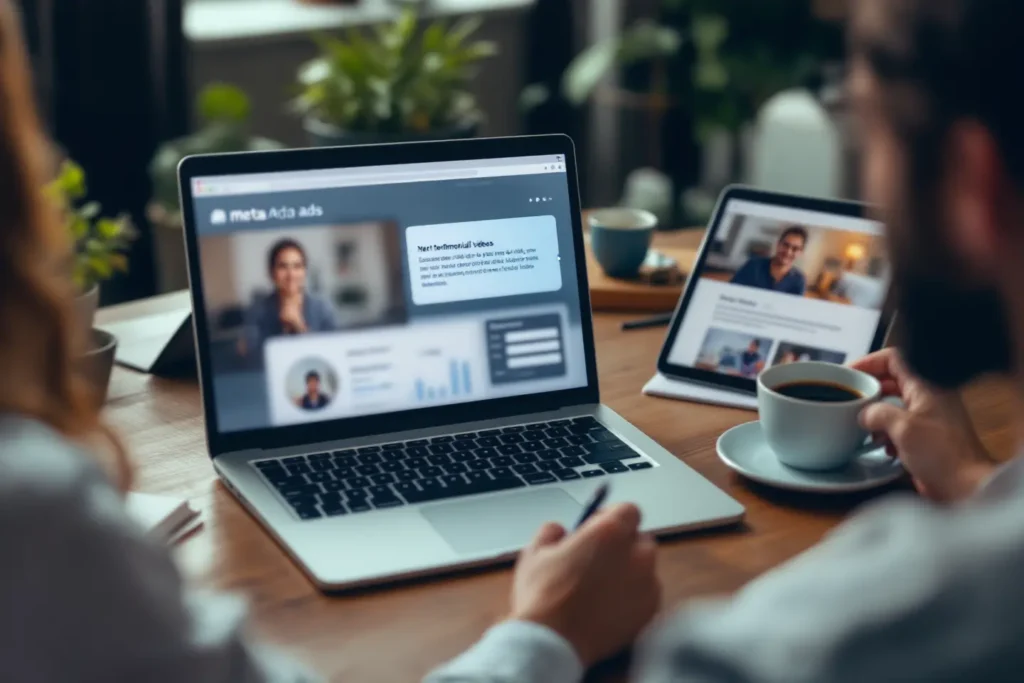 Análise de vídeos de depoimentos em notebook durante reunião de marketing