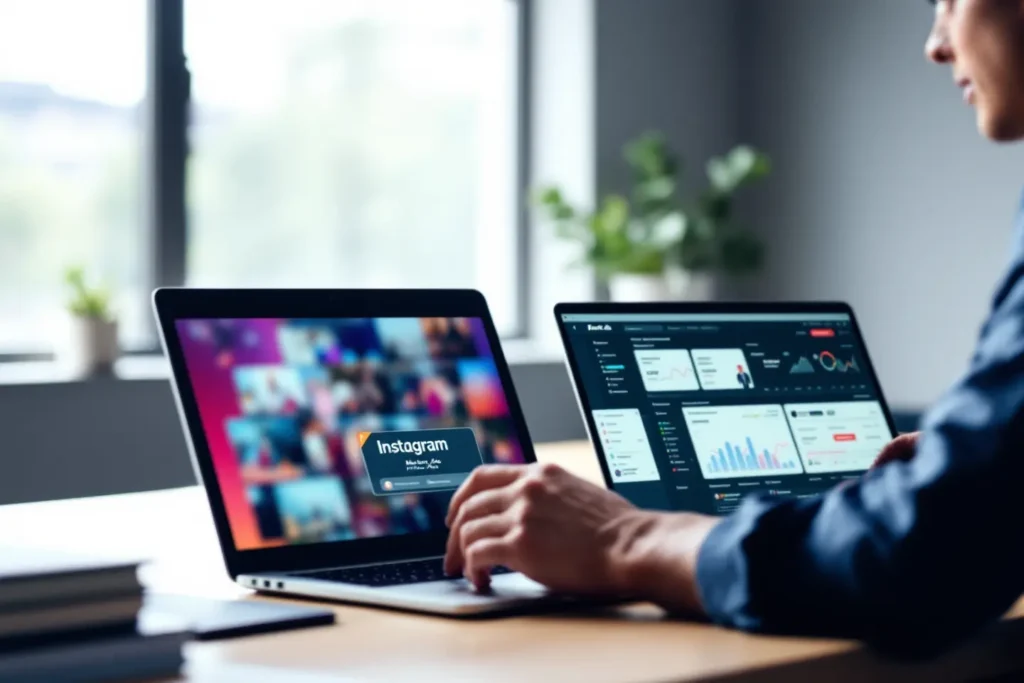 Usuário comparando dados do Instagram em laptop e dashboard de tráfego pago Instagram
