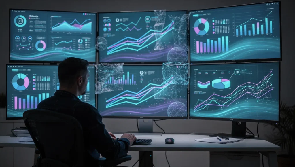 Analista monitorando múltiplos painéis de dados com IA aplicada ao tráfego pago instagram para otimização de campanhas.