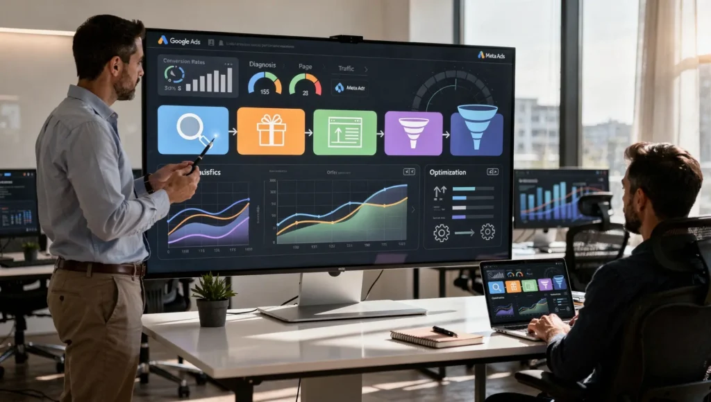 Profissionais analisando performance e funil em painel digital usado pelas melhores agências de tráfego pago.
