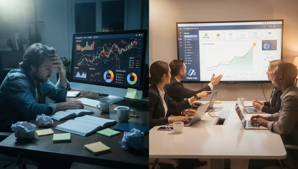 Equipe avaliando métricas e crescimento em painel digital ao discutir o preço gestão de tráfego pago.