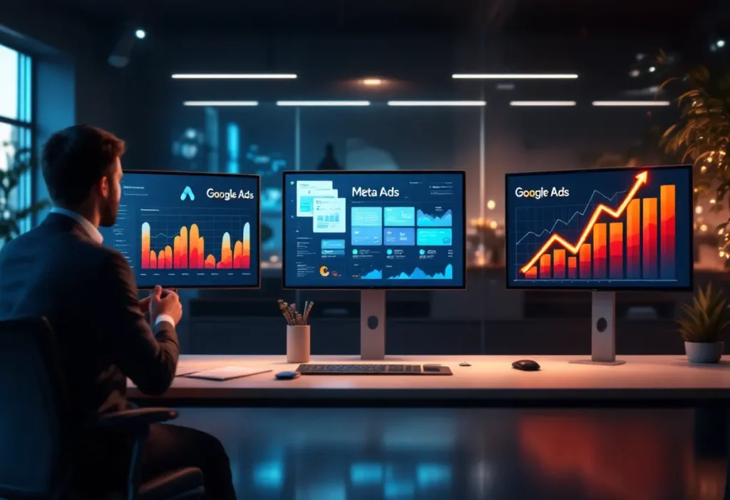 Profissional monitorando Google Ads e Meta Ads como motor para escalar vendas empresa acima dos 100k.