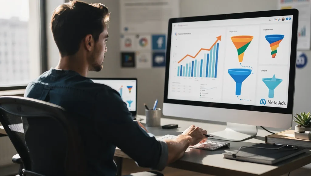 Profissional monitorando Google Ads e Meta Ads ao analisar quando investir tráfego pago ou orgânico.