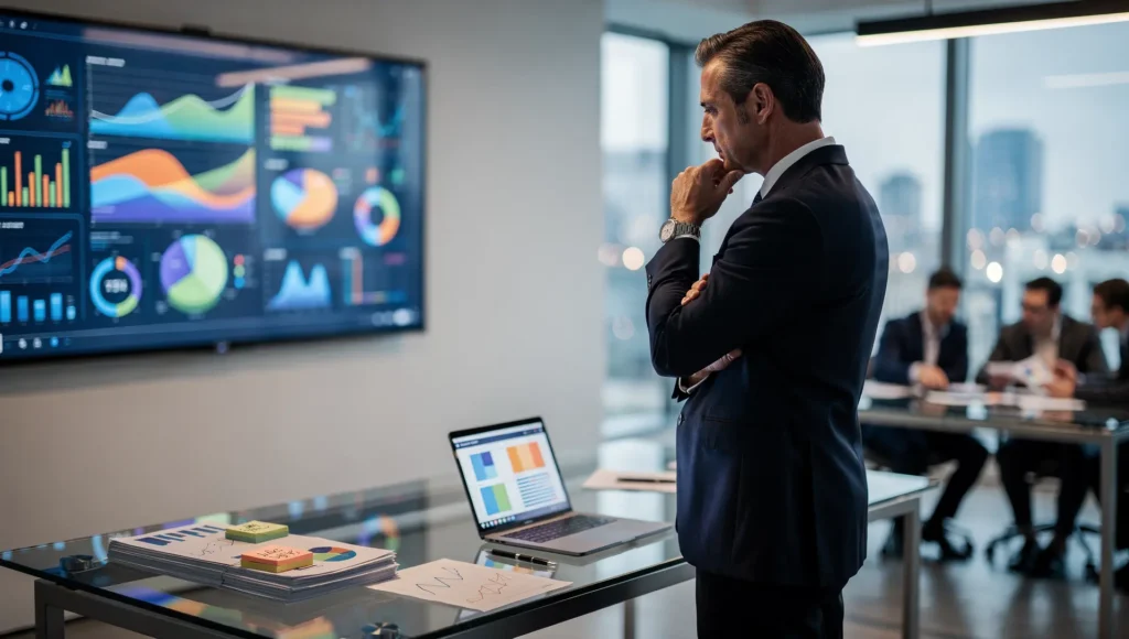 Reunião executiva utilizando dashboard de marketing para tomada de decisão baseada em dados.