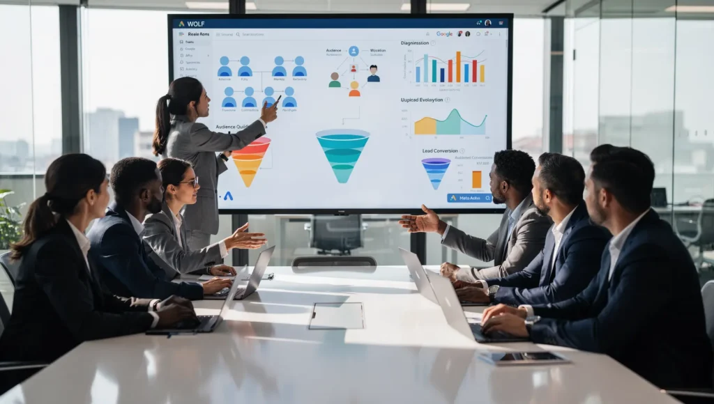 Reunião executiva revisando dados de anúncios e funil de vendas para reduzir custo por lead de forma consistente.