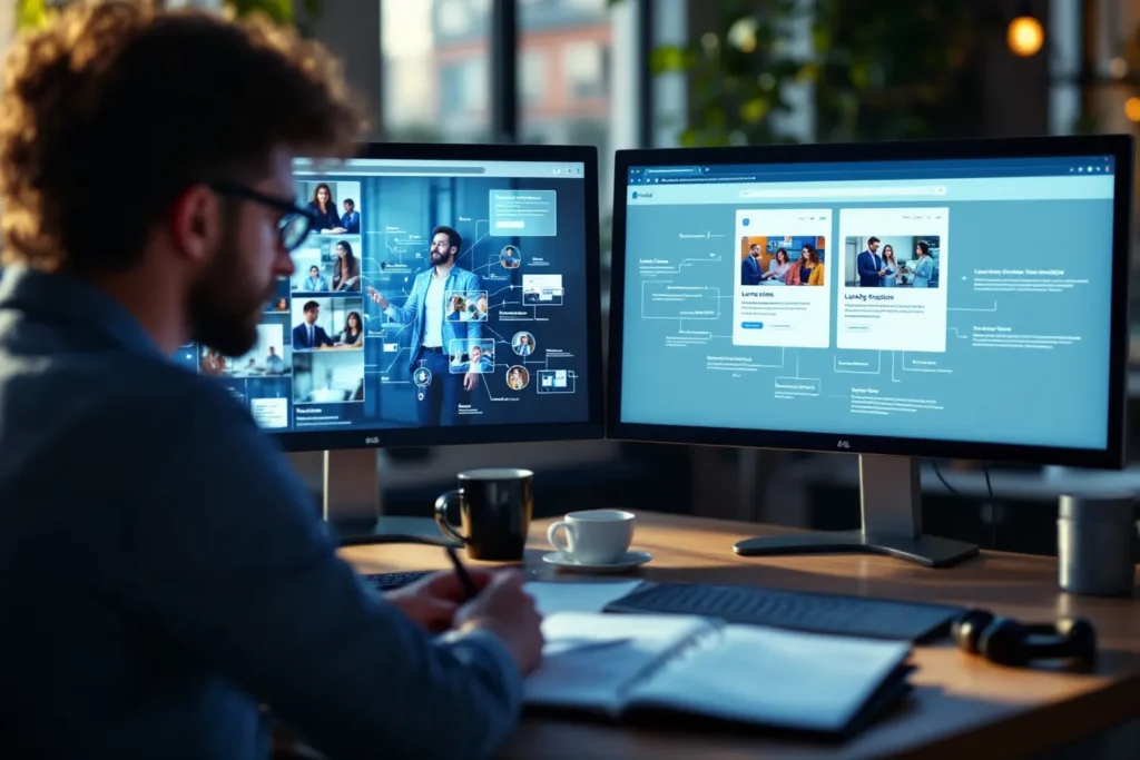 Designer avaliando fluxos e estruturas de páginas em estudo de hotsite vs landing page