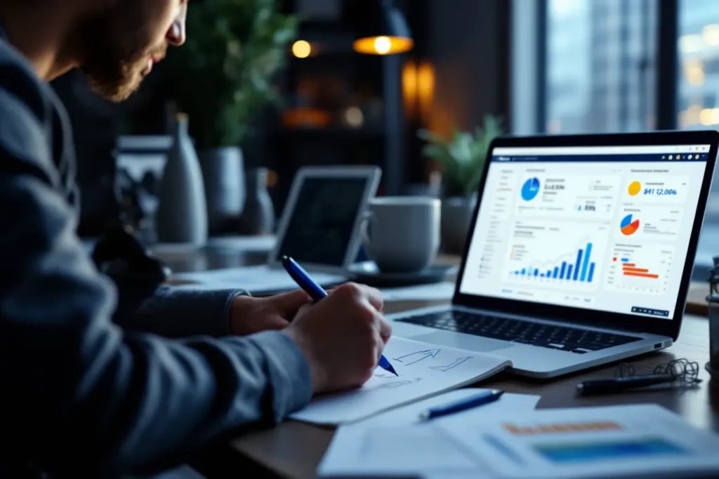 Profissional revisando métricas em dashboard para planejamento de retenção pós Black Friday.