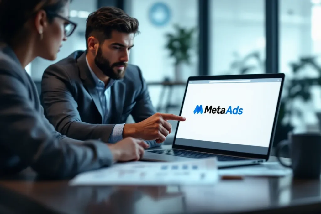 Consultores avaliando campanha no Meta Ads em reunião sobre tráfego pago para médicos.