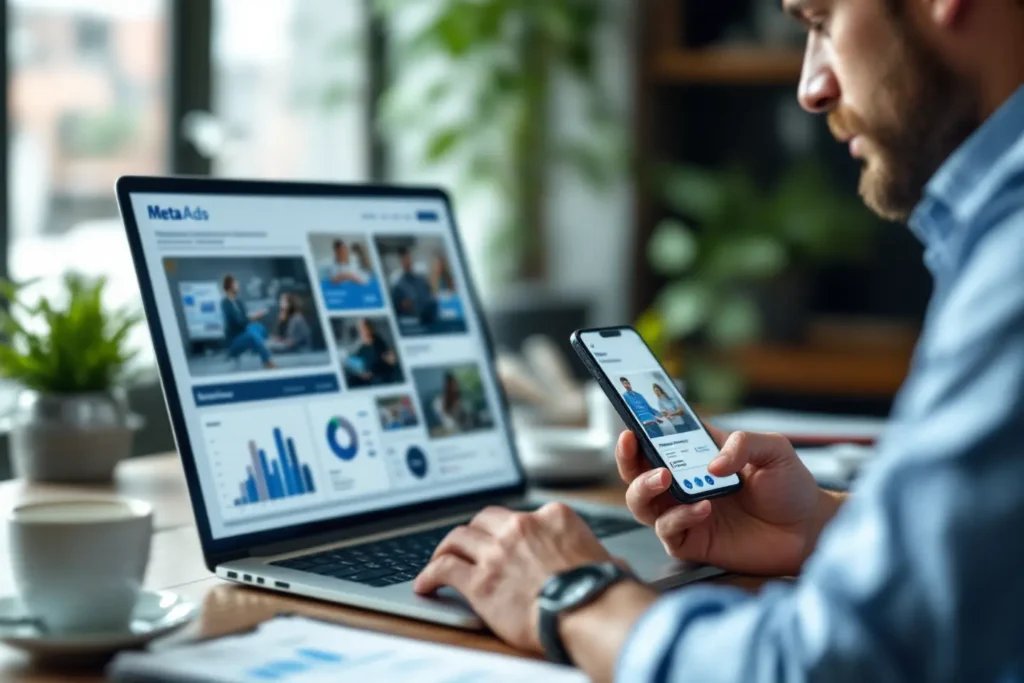 Gestor monitorando campanhas de tráfego pago Facebook Ads no computador e celular simultaneamente.