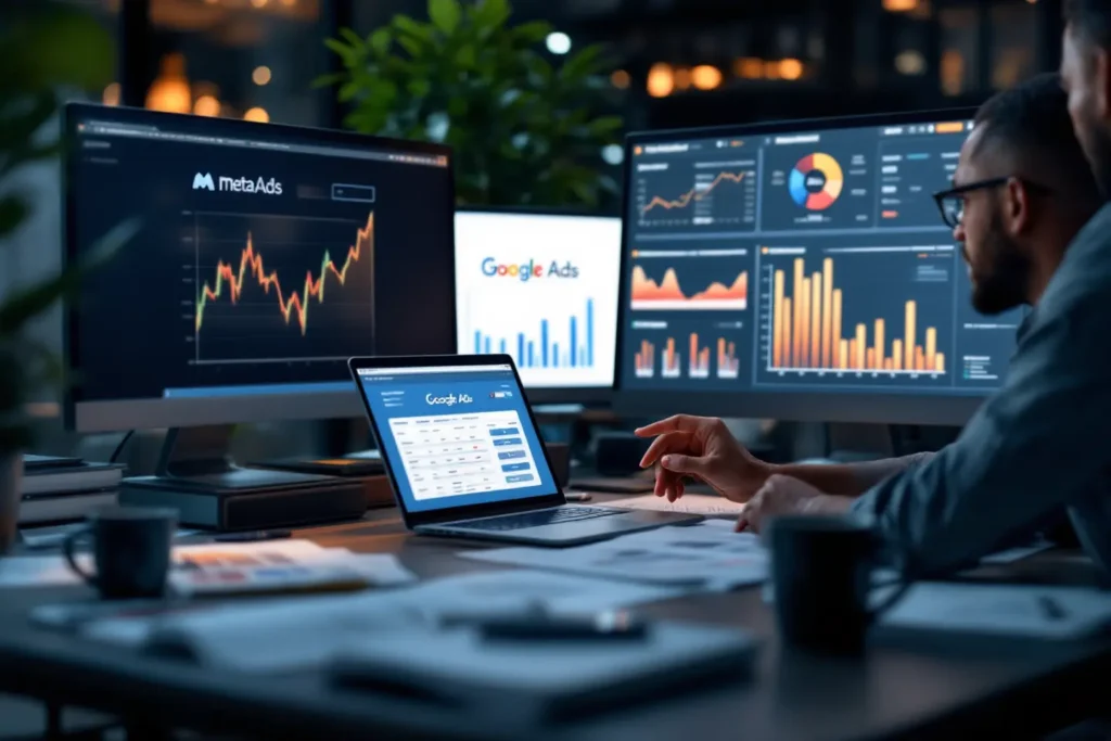 Painéis com gráficos de tráfego pago Google Ads em sala de análise de campanhas