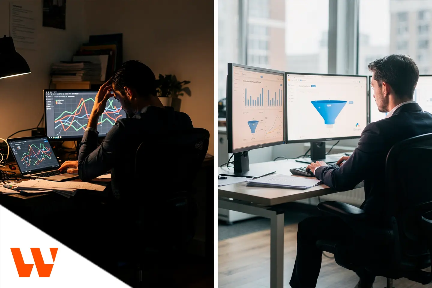 Empresário fazendo Google Ads sozinho, comparando dificuldades e resultados ao analisar gráficos de campanhas em dois ambientes de trabalho