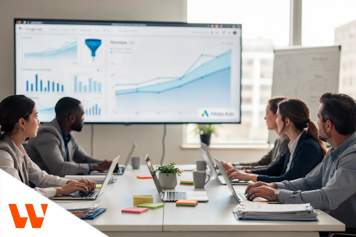 Equipe de marketing analisando métricas e projeções para construir previsibilidade de vendas com base em dados