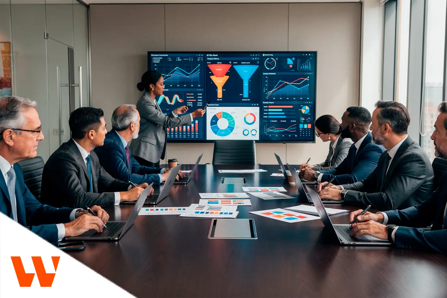 Executivos analisando dashboards e funil de vendas em reunião estratégica de marketing digital B2B.