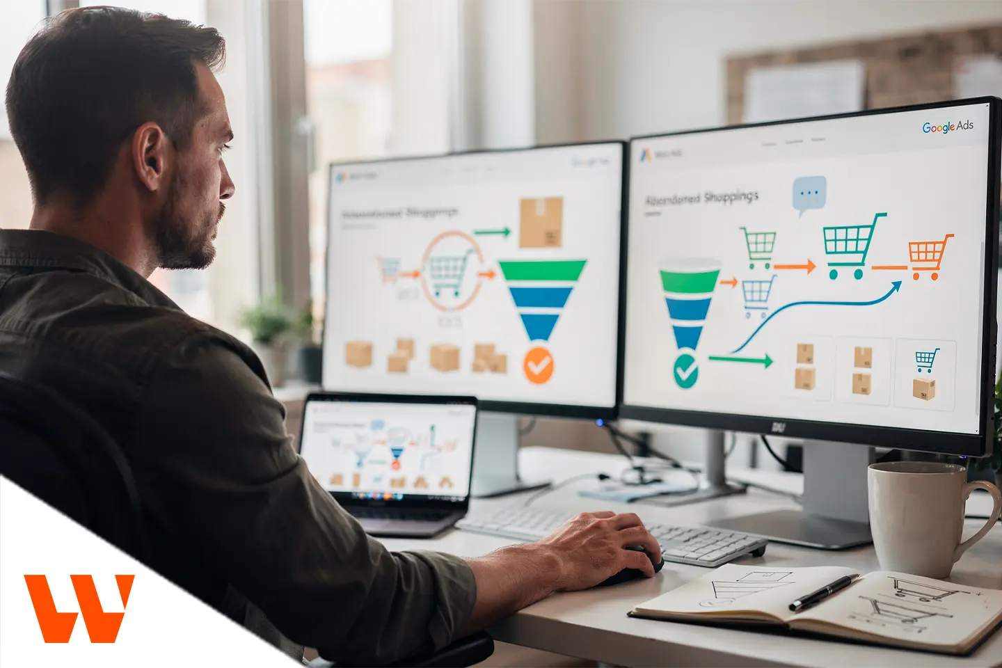 Especialista analisando funil e jornada de compra em dashboards como parte de uma estratégia de remarketing.