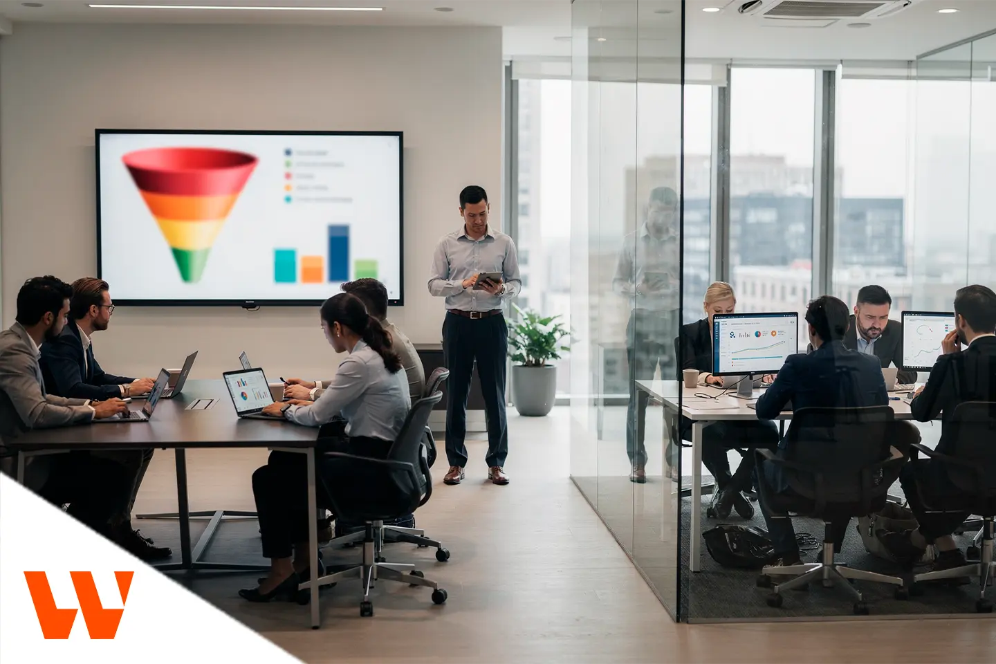 Equipe em reunião estratégica analisando funil e métricas para integrar marketing e vendas.