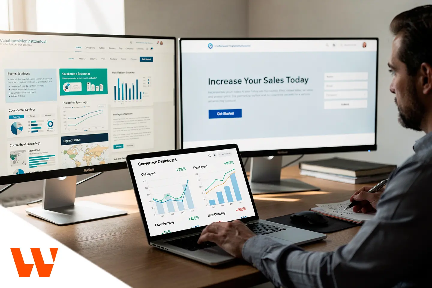 Profissional analisando métricas em múltiplas telas para criar landing page alta conversão focada em leads e vendas.
