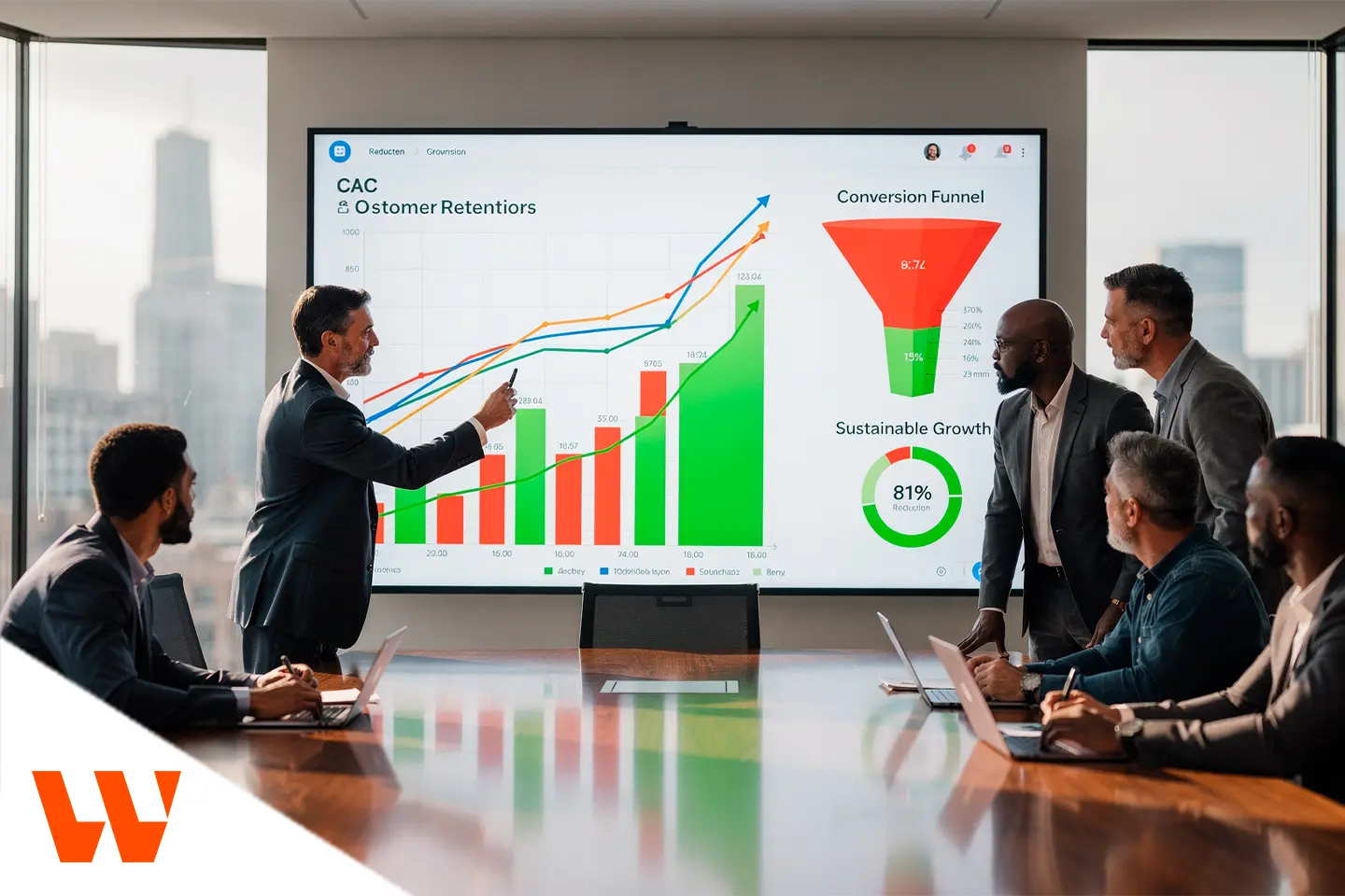 Marketing para SaaS com equipe analisando métricas de crescimento, CAC e funil de conversão em reunião estratégica