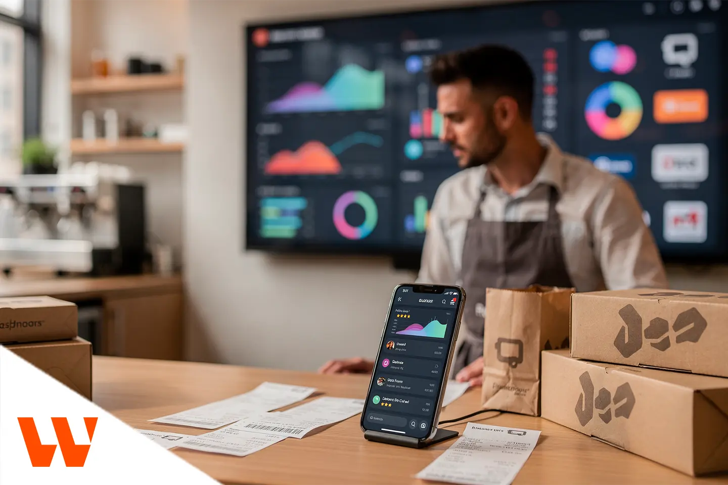 Restaurante analisando pedidos e dados em dashboard como parte de uma estratégia de marketing para delivery.