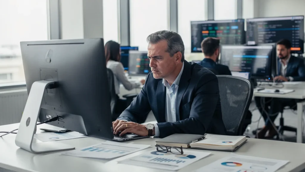 Profissional de marketing revisando métricas e estrutura ao decidir contratar gestor de tráfego ou agência.