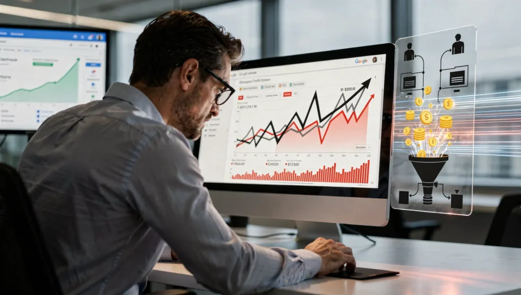 Profissional fazendo Google Ads sozinho enquanto acompanha desempenho e crescimento de campanhas em painel do Google Ads