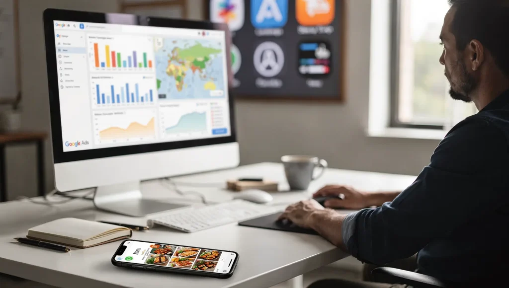 Gestor de delivery avaliando campanhas e desempenho no Google Ads dentro do marketing para delivery.