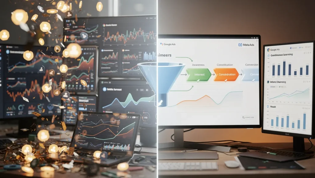 Profissional monitorando funil e indicadores para aumentar a previsibilidade de vendas com tráfego e dados