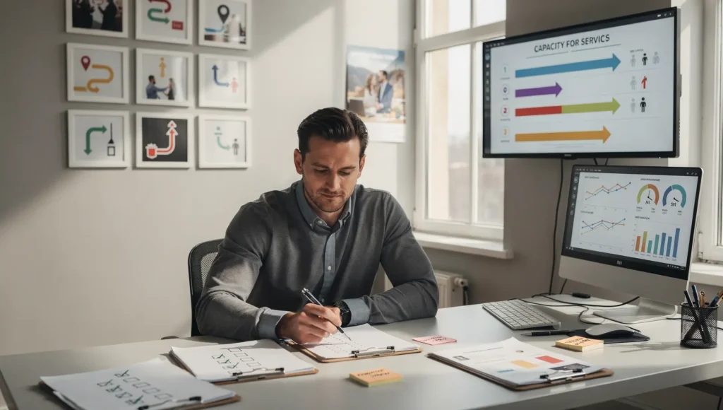 Gestor planejando metas e capacidade operacional para trabalhar com uma agência de performance digital