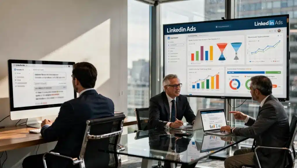 Equipe avaliando campanhas e métricas no LinkedIn Ads como parte do marketing digital B2B.
