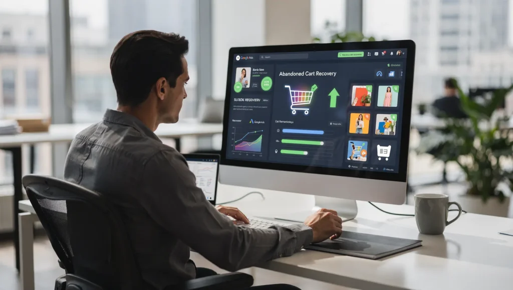 Profissional monitorando recuperação de carrinho e métricas em painel como parte do trabalho de uma agência de tráfego para e-commerce.