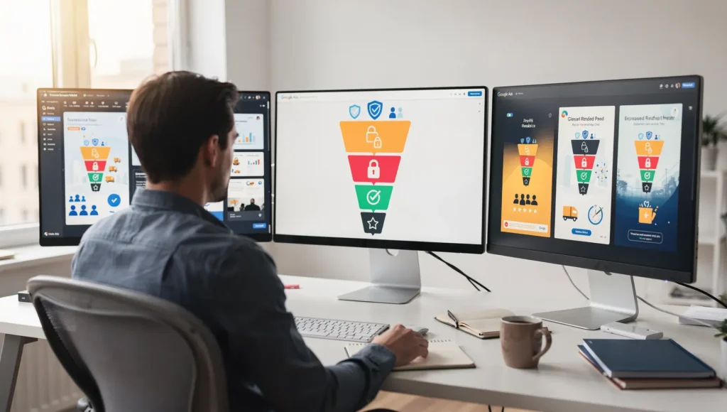Gestor acompanhando painéis de anúncios e públicos quentes para otimizar uma estratégia de remarketing no e-commerce.