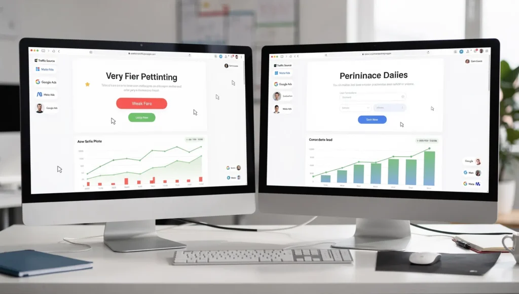 Comparação de dashboards de desempenho usada para criar landing page alta conversão e reduzir custo por lead.