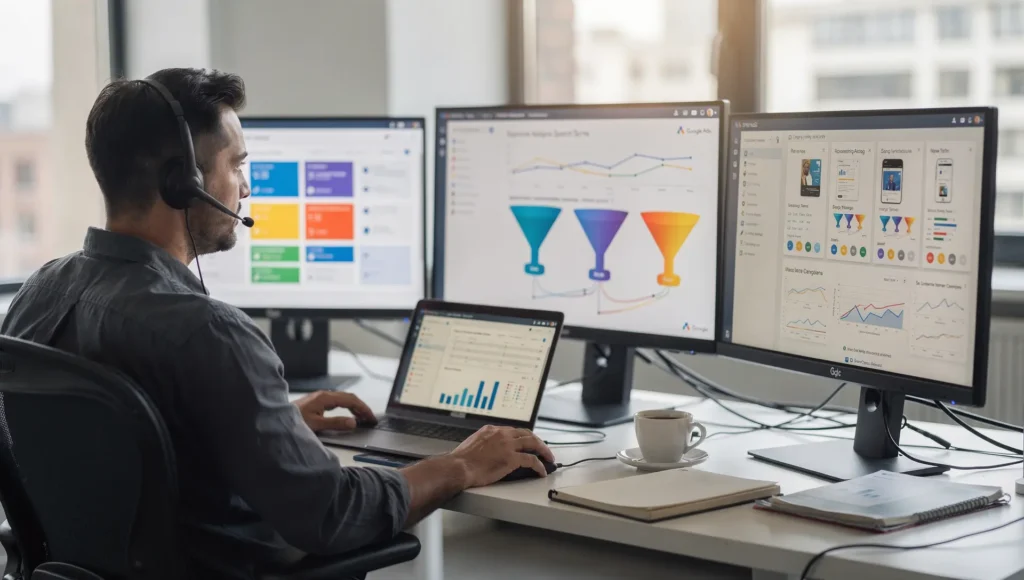 Especialista avaliando métricas e gráficos em painel do Google Ads como parte de uma auditoria Google Ads estratégica.