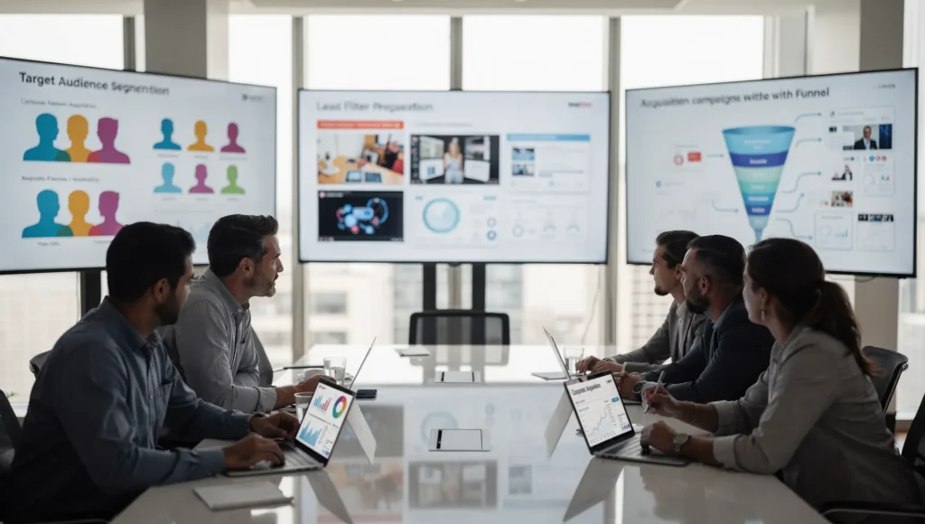 Marketing para SaaS com time avaliando segmentação de público, funil de aquisição e geração de leads em telas de dados