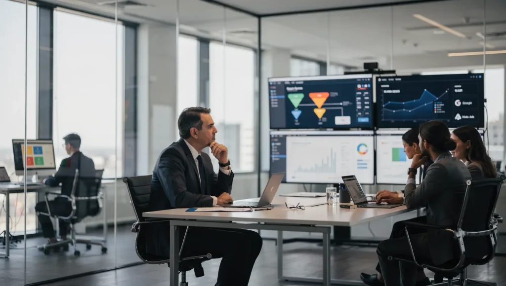 Reunião estratégica comparando performance e estrutura ao contratar gestor de tráfego ou agência.