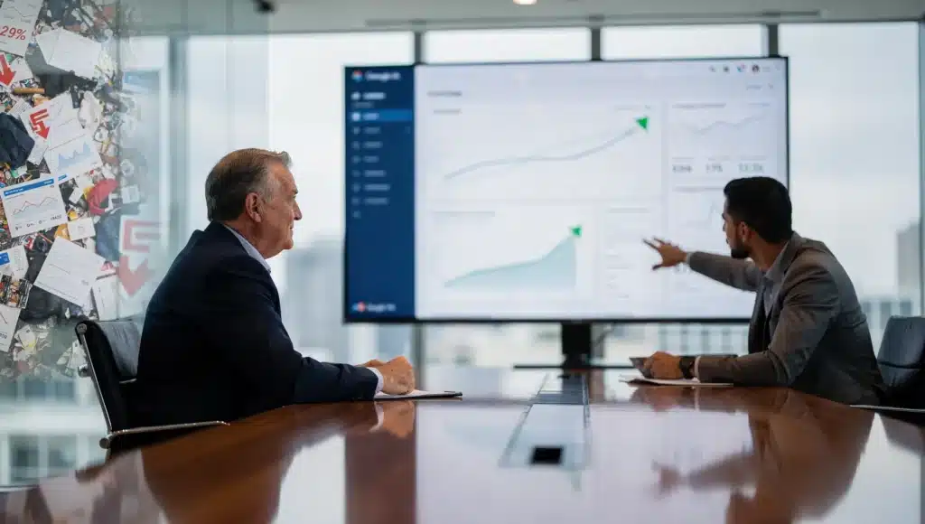 Executivo fazendo Google Ads sozinho analisando resultados de anúncios e discutindo métricas de performance em reunião estratégica