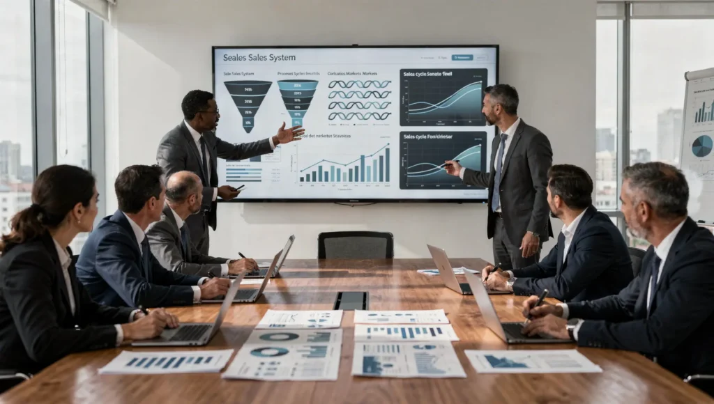 Reunião de diretoria avaliando sistema comercial para garantir previsibilidade de vendas no crescimento da empresa