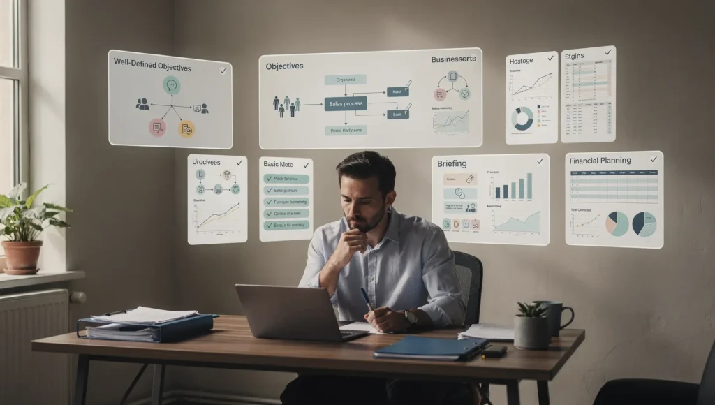 Empresário avaliando objetivos e estratégia antes de contratar uma agência de performance digital