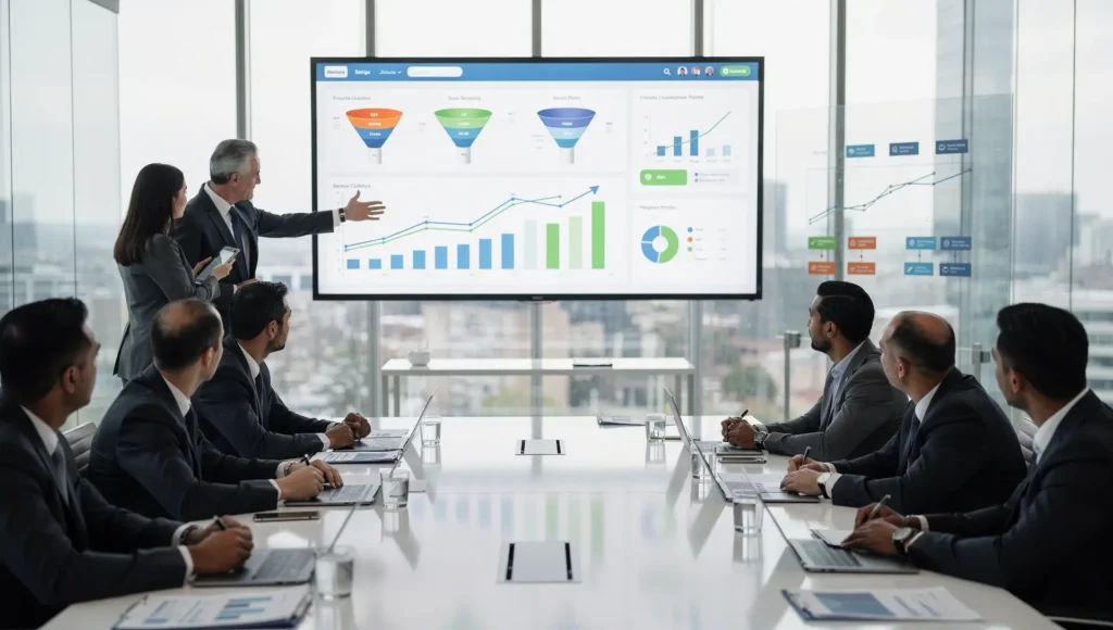 Reunião corporativa com apresentação de dados e funil para decisões em marketing digital B2B.