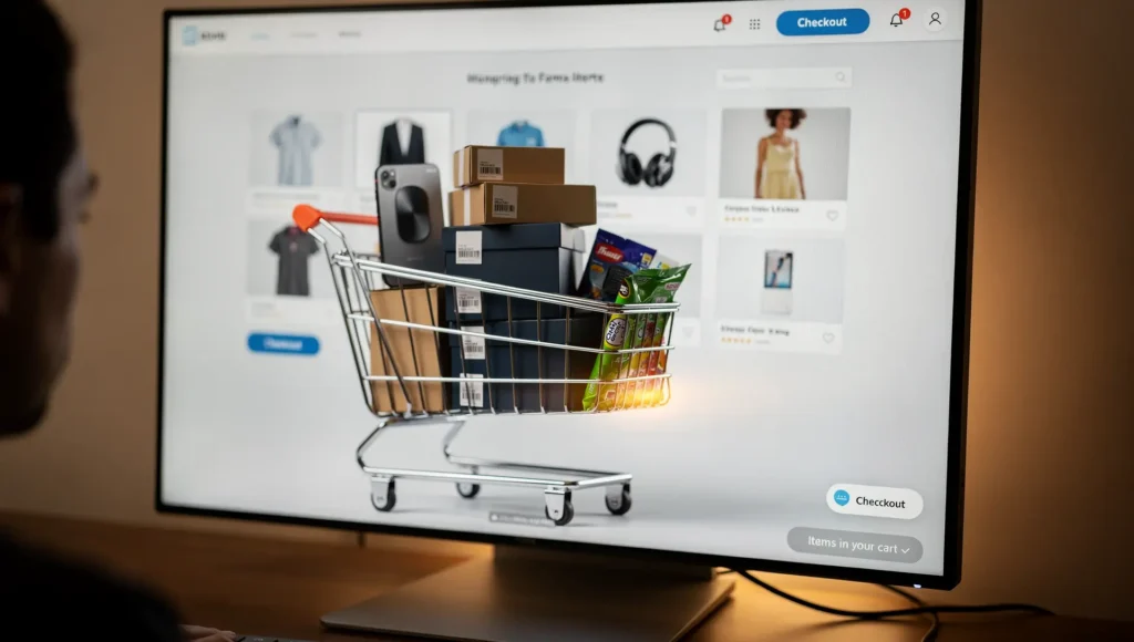 Carrinho abandonado em tela de e-commerce sendo recuperado por meio de uma estratégia de remarketing orientada por dados.