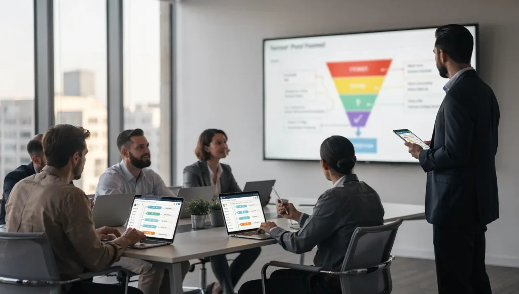 Time alinhando dados de leads e fechamento em apresentação executiva para integrar marketing e vendas.