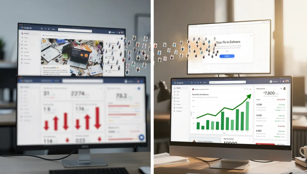 Visualização de funil e crescimento de resultados em telas, exemplificando estratégias para criar landing page alta conversão.
