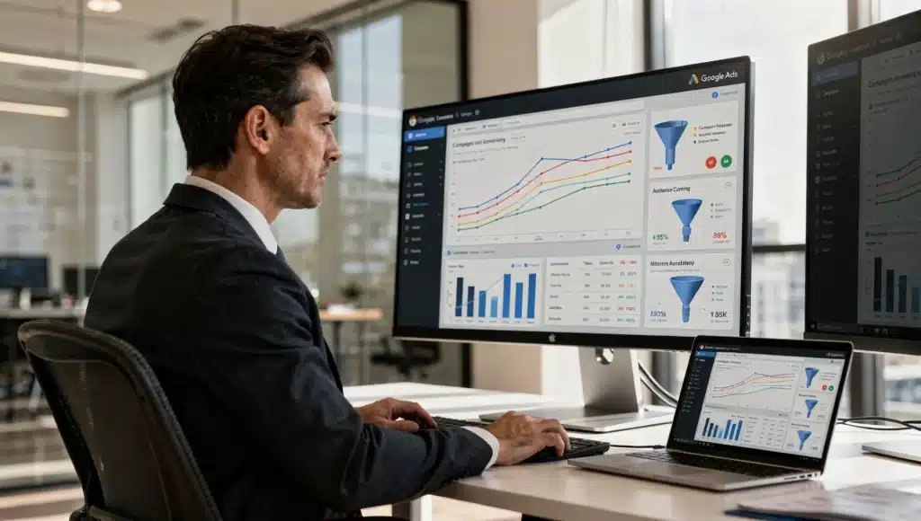 Gestor monitorando funis e relatórios de desempenho em telas, exemplificando uma auditoria Google Ads focada em otimização de conversão.