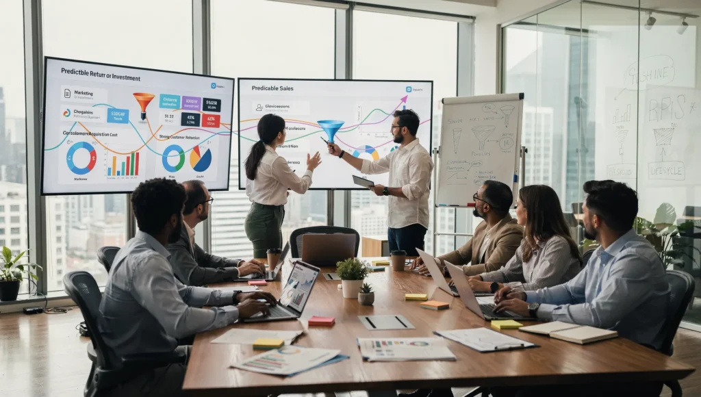 Marketing para SaaS com equipe discutindo previsibilidade de vendas, retenção e escalabilidade em ambiente corporativo