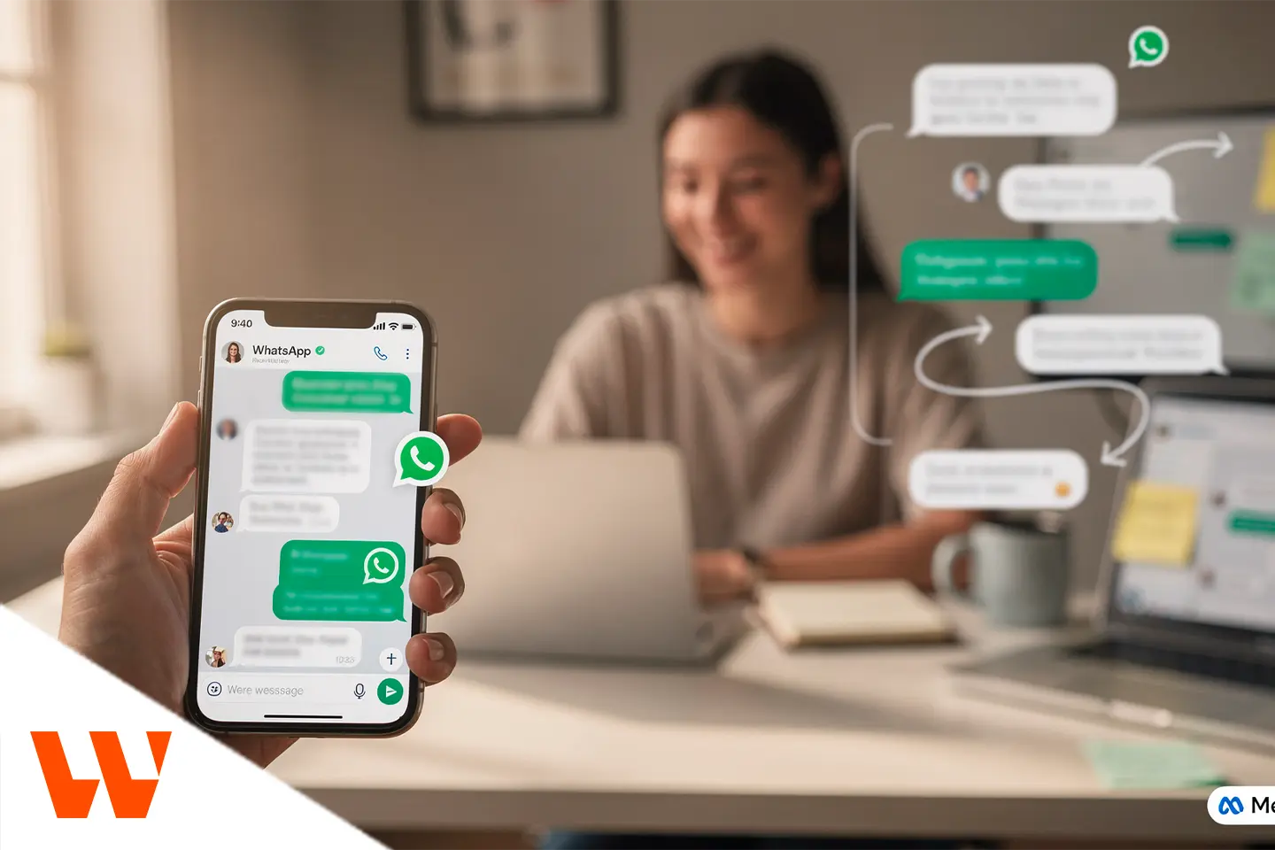 Pessoa segurando smartphone com conversa no WhatsApp aberta enquanto trabalha em frente ao notebook, representando anúncios para WhatsApp no atendimento comercial.