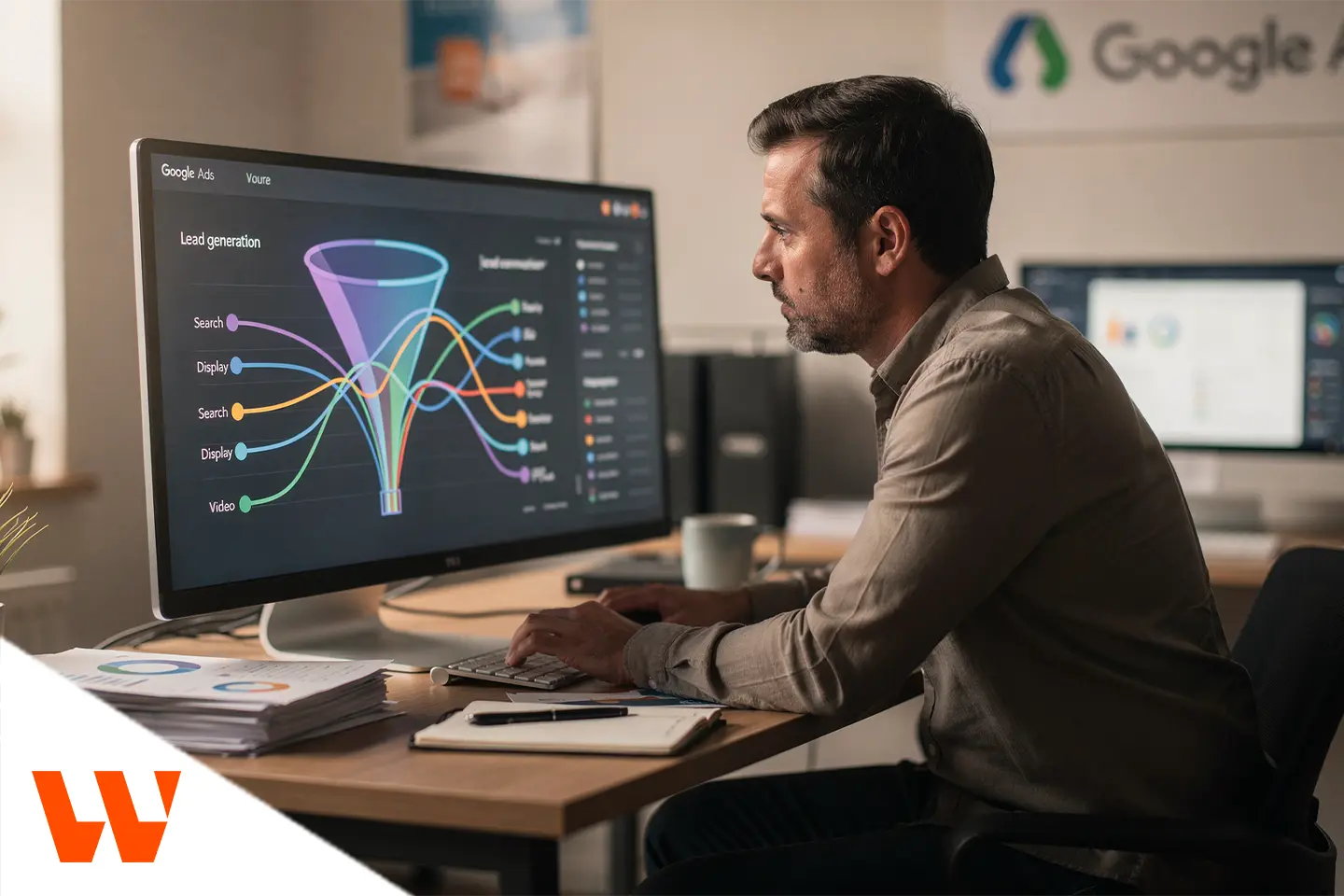 Homem analisando painel de dados e funil de leads em tela grande do Google Ads, representando campanhas Performance Max Google em ambiente corporativo.