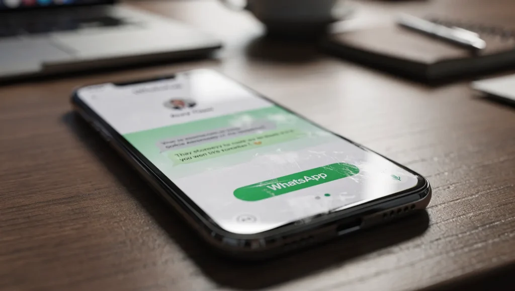 Smartphone sobre mesa exibindo interface do WhatsApp Business com botão de conversa ativa, ilustrando anúncios para WhatsApp focados em geração de mensagens.