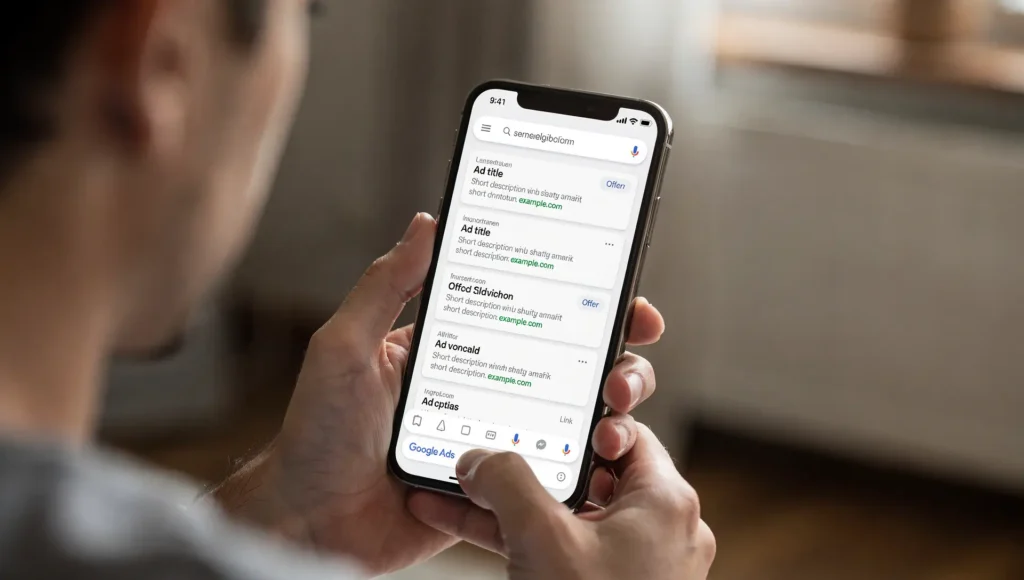 Tela de smartphone mostrando resultados patrocinados do Google Ads em uma pesquisa.