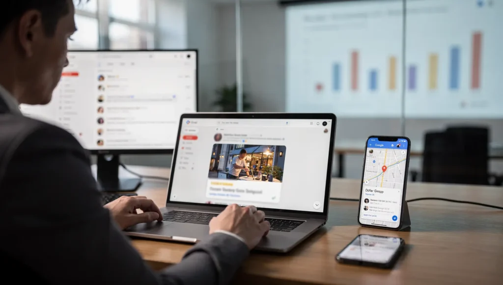 Profissional trabalhando em notebook com anúncios do Google Ads enquanto acompanha dados de localização no celular, ilustrando campanhas Performance Max Google multicanal.