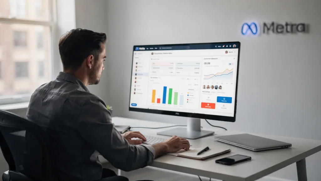 Alt: gestor de marketing monitorando resultados em painel do Meta Ads, uso de público personalizado Facebook para otimização de campanhas