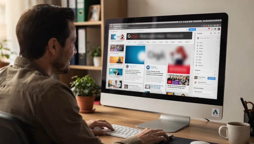 Homem analisando resultados de campanhas em um computador com interface do Google Ads visível na tela, ilustrando monitoramento de anúncios na rede de display Google Ads.